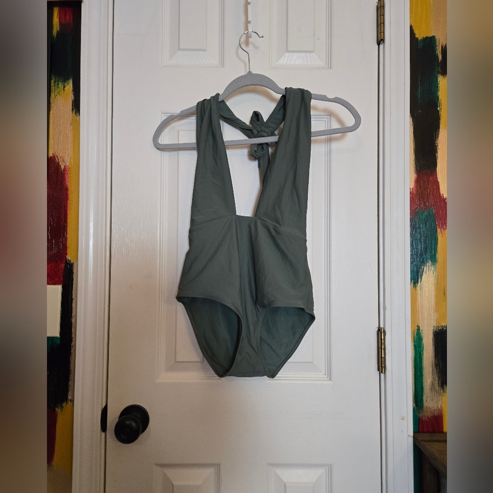Aerie Green One Piece Deep Cut Swimsuit Size Small